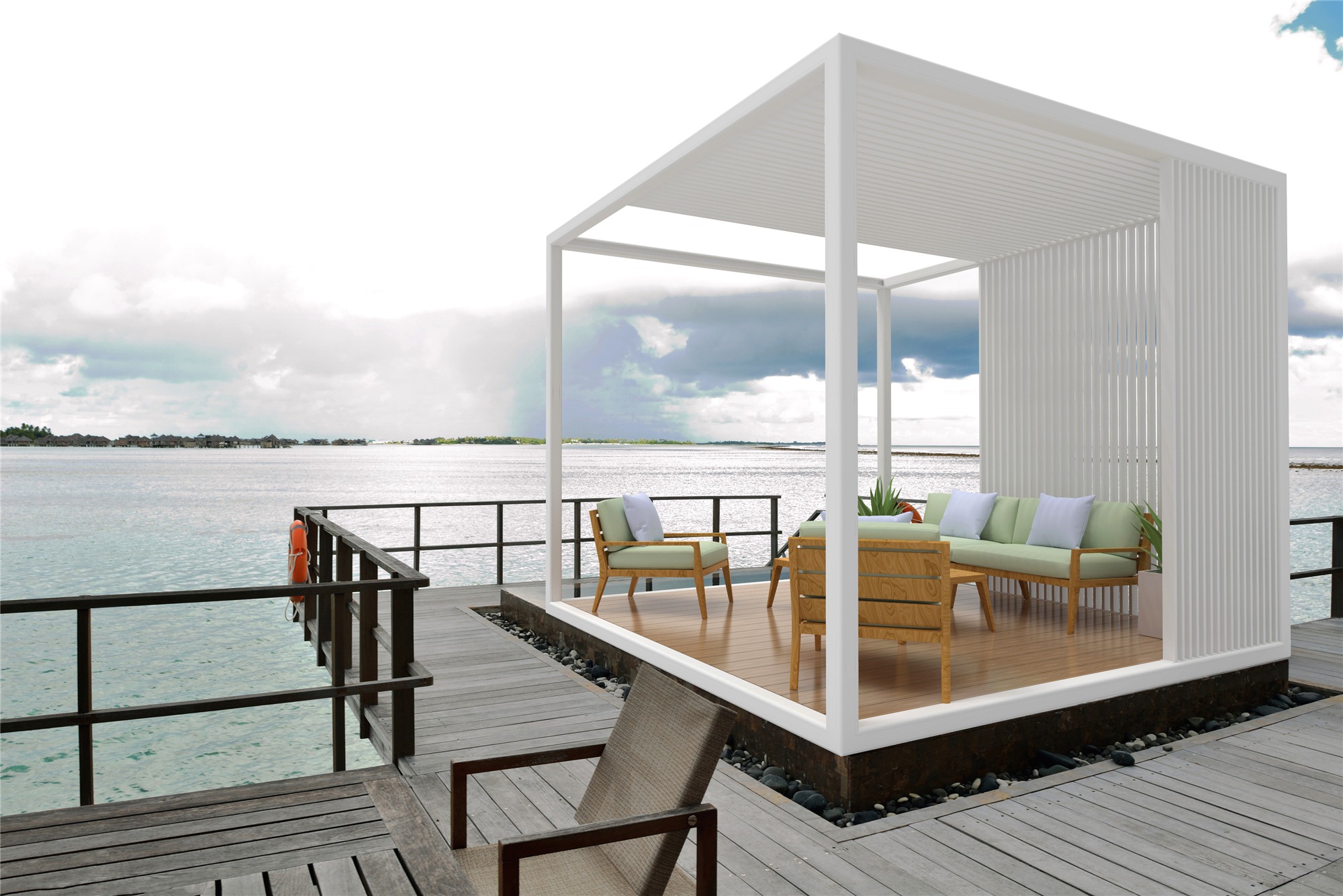 white pergola on deck 