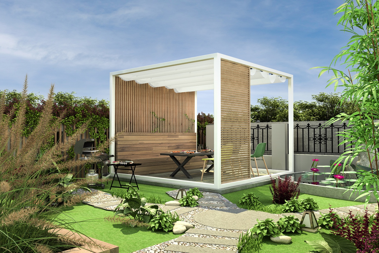 patio pergola with a grill