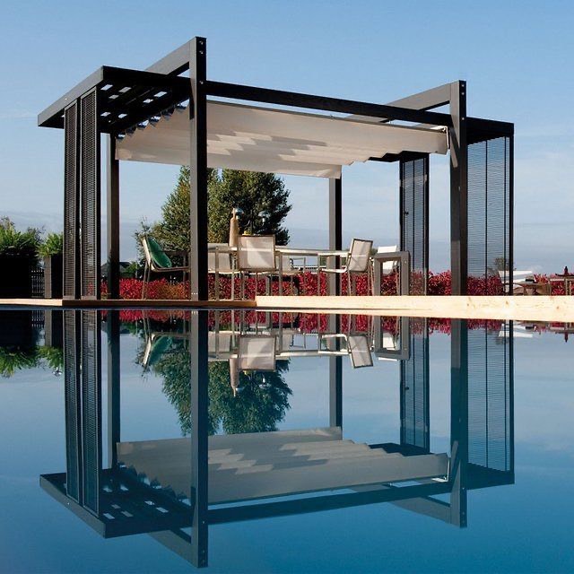 outdoor dining room under a retractable roof pergola