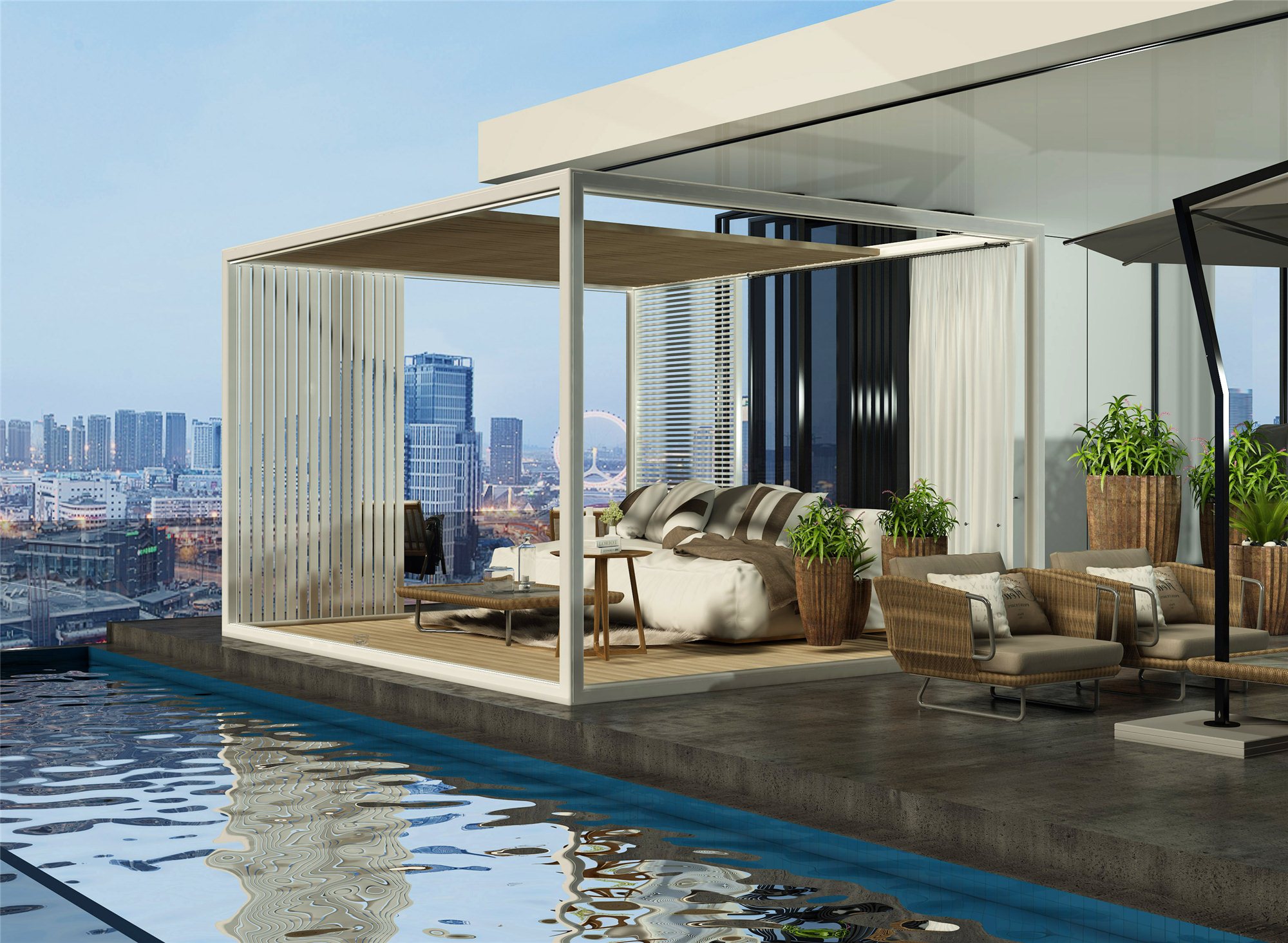 pergola on deck of a building