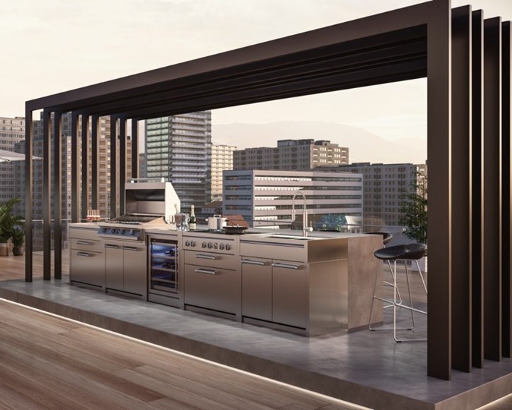 outdoor kitchen under a brown pergola